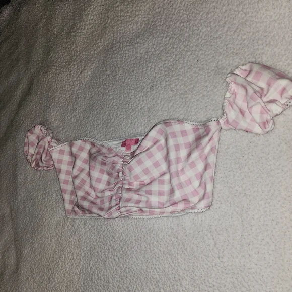 NWT Dolls Kill Pink And White Plaid Sexy Peasants Style Crop Top 😍 - Picture 4 of 7